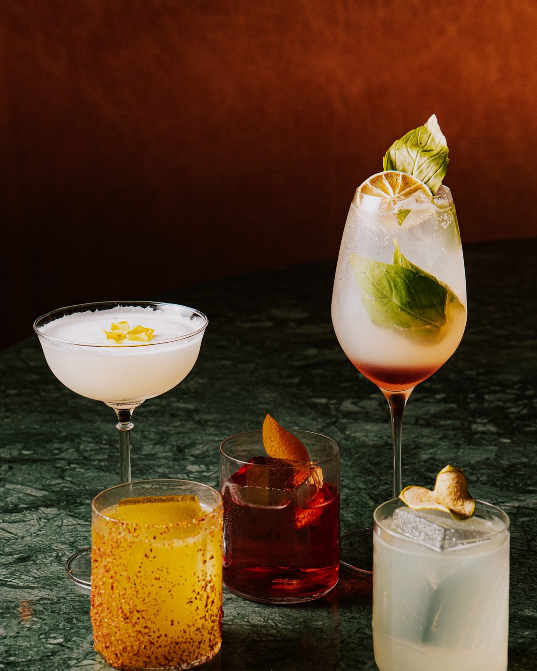 Cocktails on the green marble at Malocchio